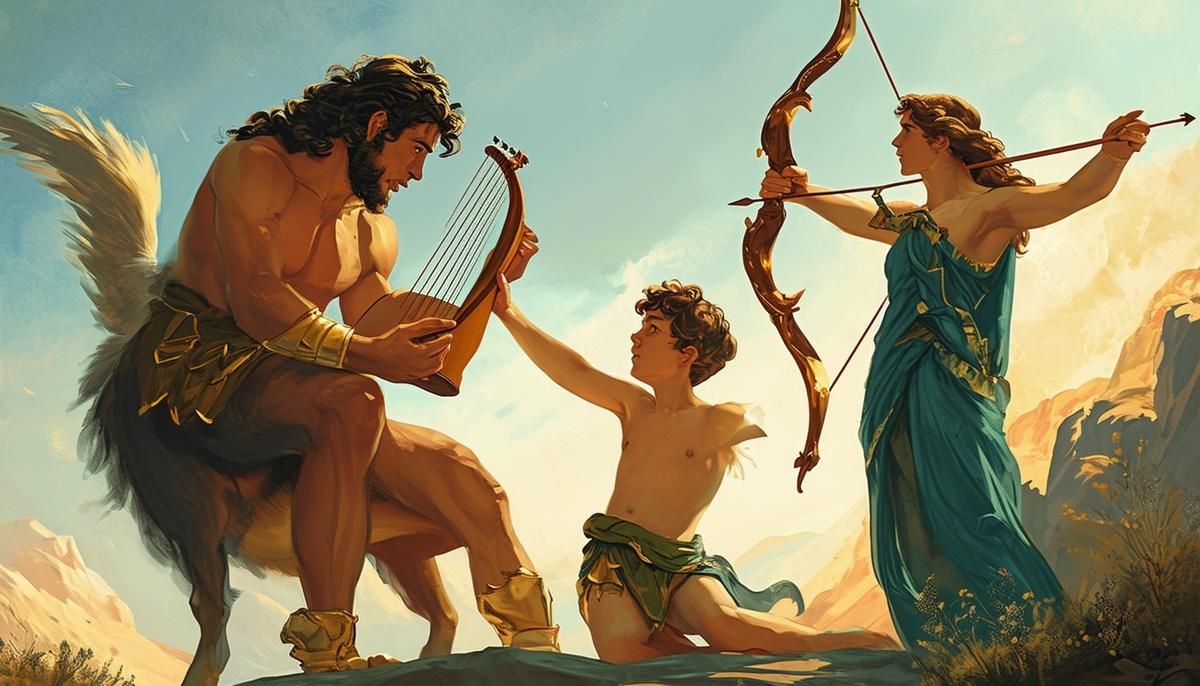 An illustration depicting a young Chiron, the centaur, being taught by the twin gods Apollo and Artemis. Apollo is shown teaching Chiron the lyre, while Artemis instructs him in archery, highlighting the diverse education that shaped Chiron into a unique and sophisticated figure among centaurs.