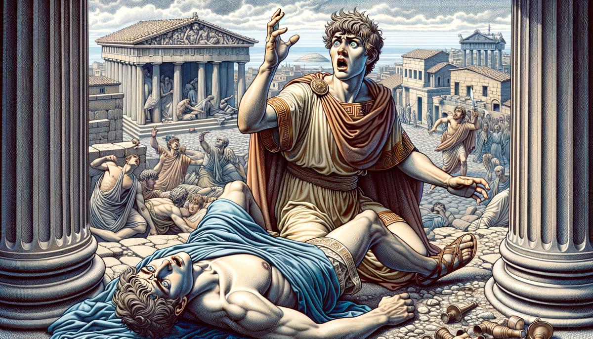 An illustration depicting Bellerophon, a young man in ancient Greek clothing, with a look of shock and horror on his face as he realizes he has accidentally killed his brother, who lies motionless on the ground.
