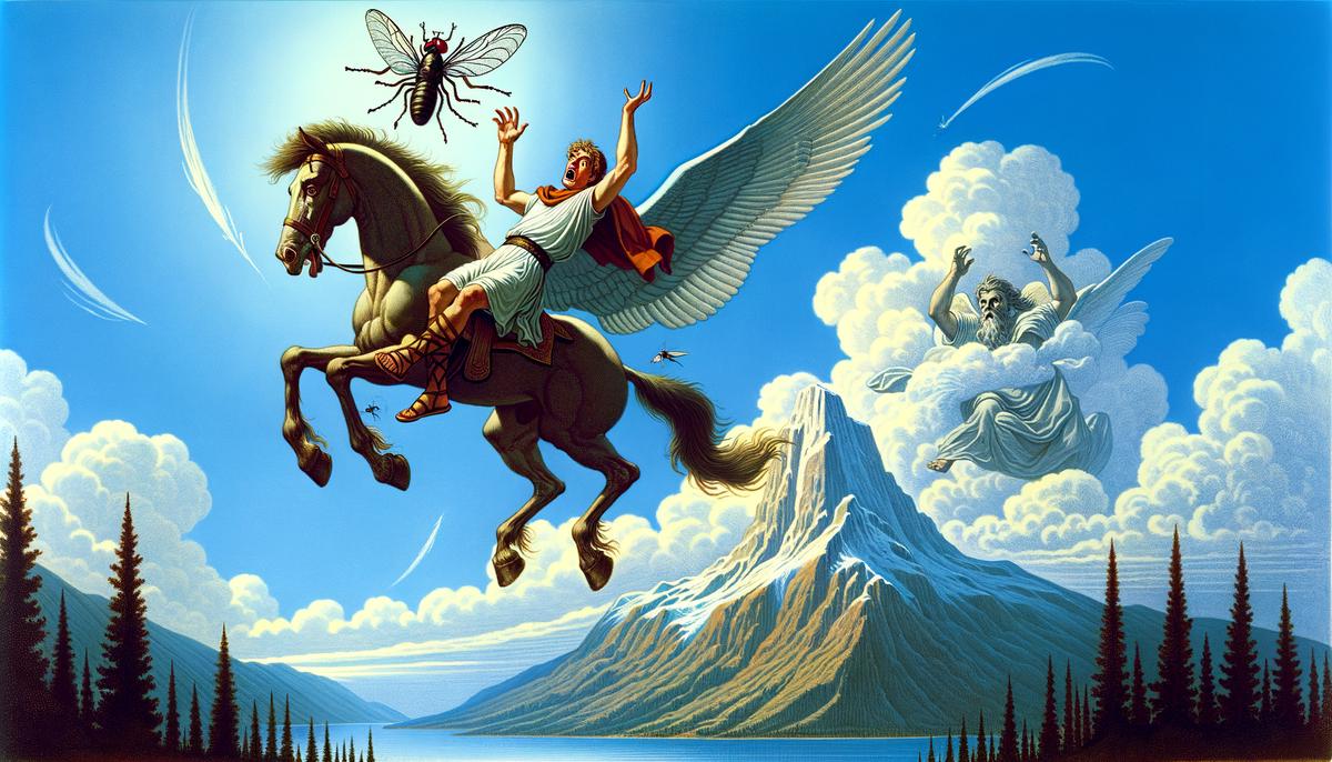 An illustration depicting Bellerophon falling from Pegasus after attempting to reach Mount Olympus. Zeus sends a gadfly to sting Pegasus, causing the winged horse to buck and throw Bellerophon off.
