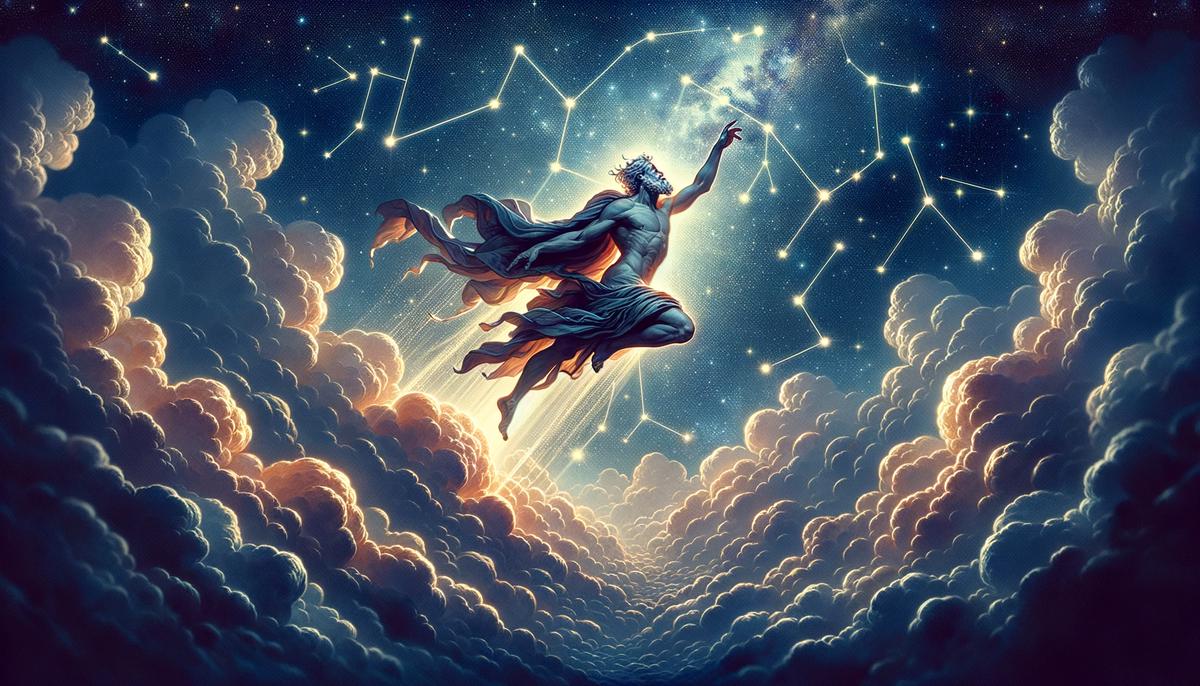 An illustration depicting Chiron's transformation into the Sagittarius constellation. Chiron is shown ascending into the night sky, his form gradually blending into the stars that make up the Sagittarius constellation, symbolizing his enduring legacy and the eternal nature of his wisdom.