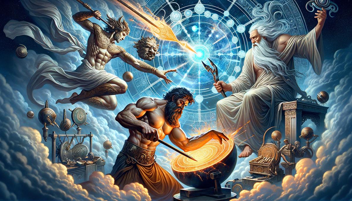 An illustration depicting gods and goddesses from different cultures engaging in acts of divine craftsmanship to form the world