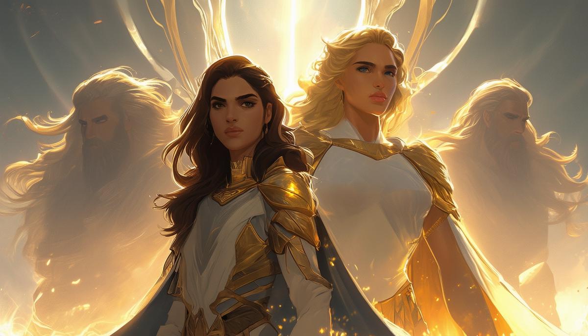 An illustration depicting Lina's lineage, with the Titans Hyperion and Theia in the background, and Lina in the foreground, surrounded by soft light and shadows
