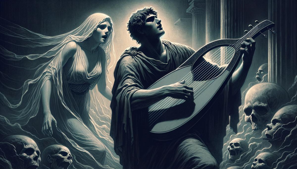 An illustration depicting Orpheus playing his lyre as he leads Eurydice out of the underworld. Orpheus is shown in the foreground, his fingers deftly plucking the strings of the lyre, his face a mix of concentration and longing. Eurydice follows behind him, her form slightly translucent and ethereal, her hand reaching out as if to touch Orpheus. The background is dark and misty, with shadowy figures and eerie shapes suggesting the gloom of the underworld.