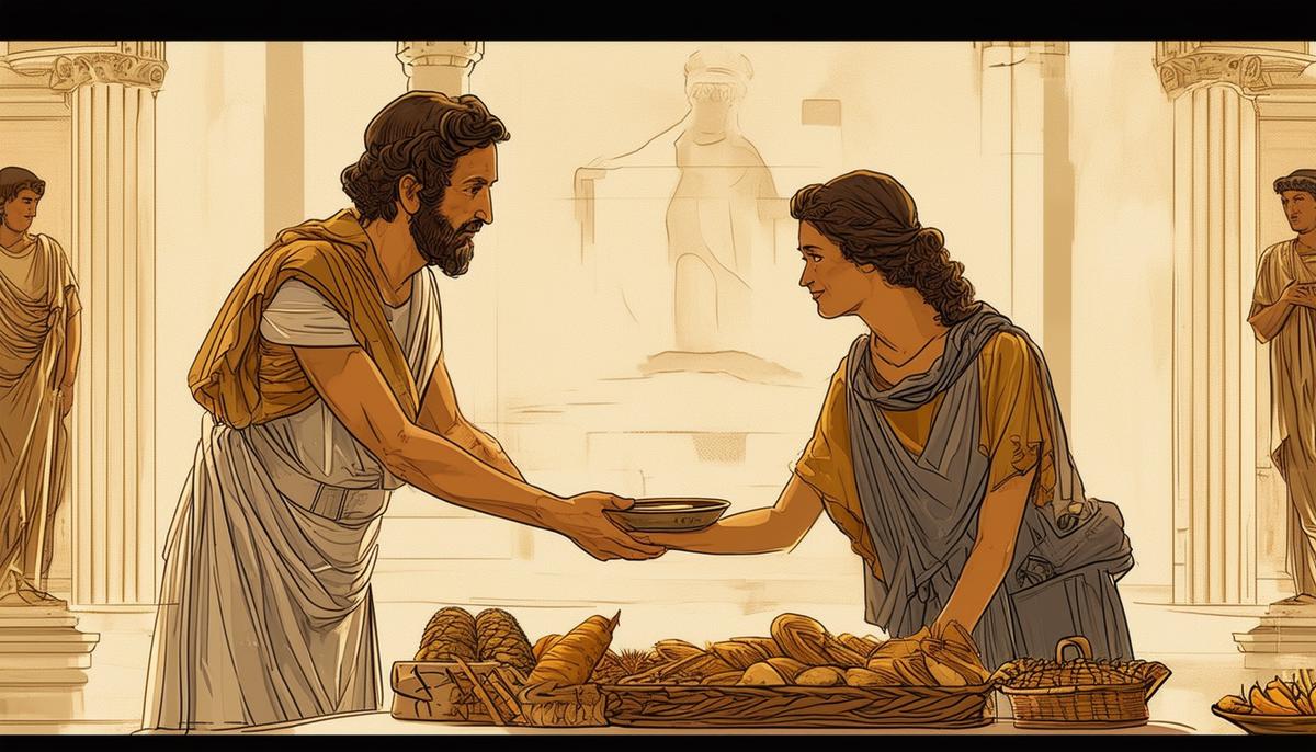 An illustration depicting the ancient Greek concept of xenia, the sacred duty of hospitality, with a host welcoming and offering sustenance to a traveler or stranger.