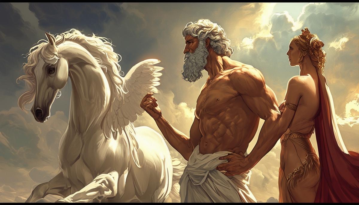An illustration depicting the controversial romance between Zeus and Ganymede, with Hera looking on jealously in the background as Zeus presents divine horses to Ganymede's father, Tros.