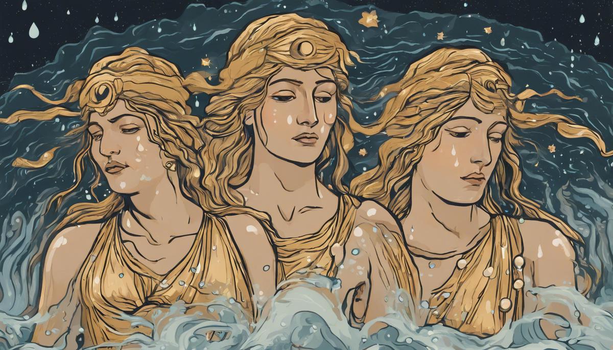 An illustration depicting the Hyades as female figures with water flowing from their eyes, symbolizing their role as rain-bringers in Greek mythology