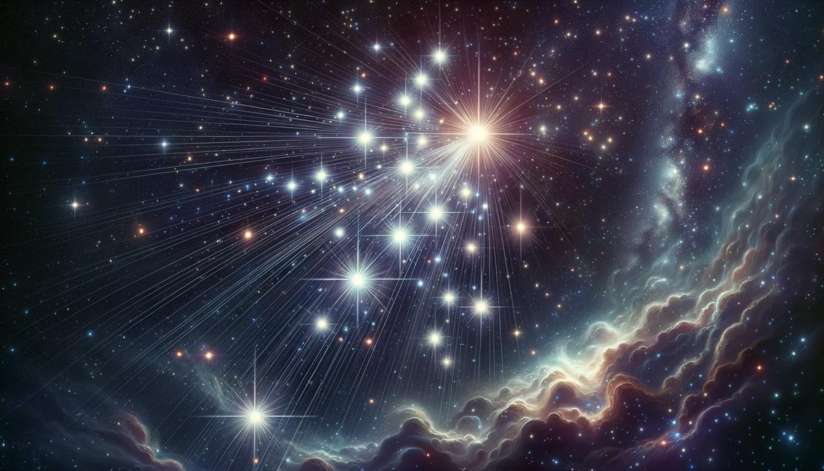 An illustration depicting the Hyades star cluster's coordinated motion through space towards the constellation of Orion.