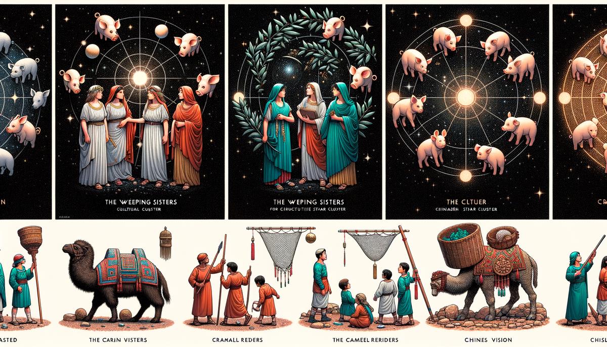 An illustration depicting the various cultural interpretations of the Hyades star cluster, including Greek, Roman, Arabian, and Chinese perspectives.