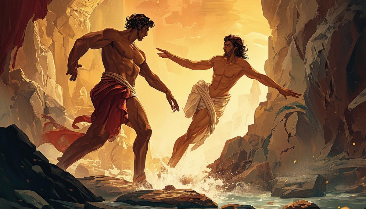 An illustration depicting Theseus and his friend Pirithous trapped in the Underworld on their ill-fated attempt to kidnap Persephone, with Theseus being freed by Hercules.