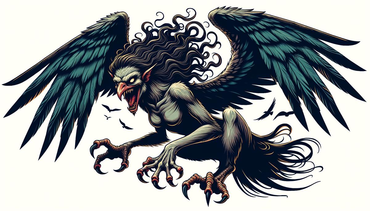 An illustration of a fearsome harpy with the body of a bird and the head of a woman, with sharp talons and a menacing expression