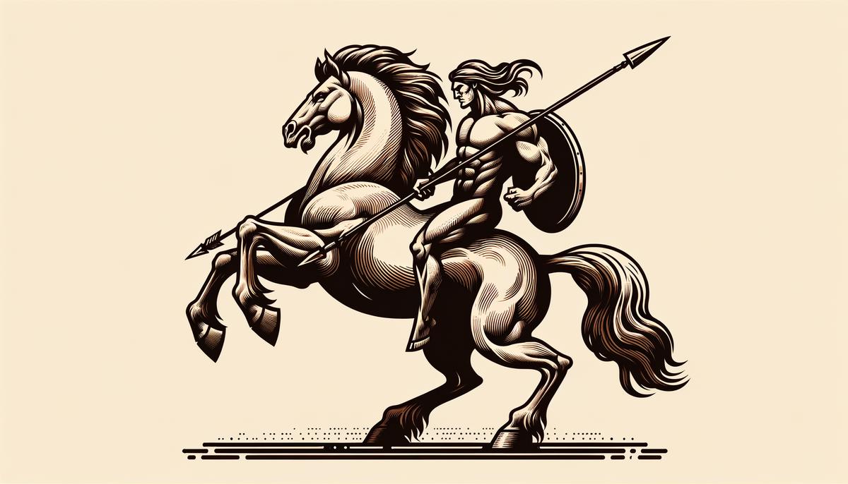 An illustration of a powerful centaur with the upper body of a man and the lower body of a horse, holding a spear and shield