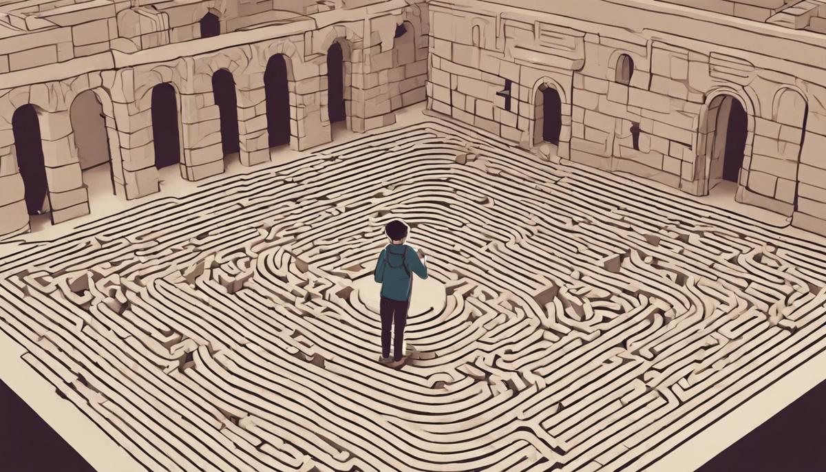 An illustration of a student interactively exploring the labyrinth with Theseus using a digital device