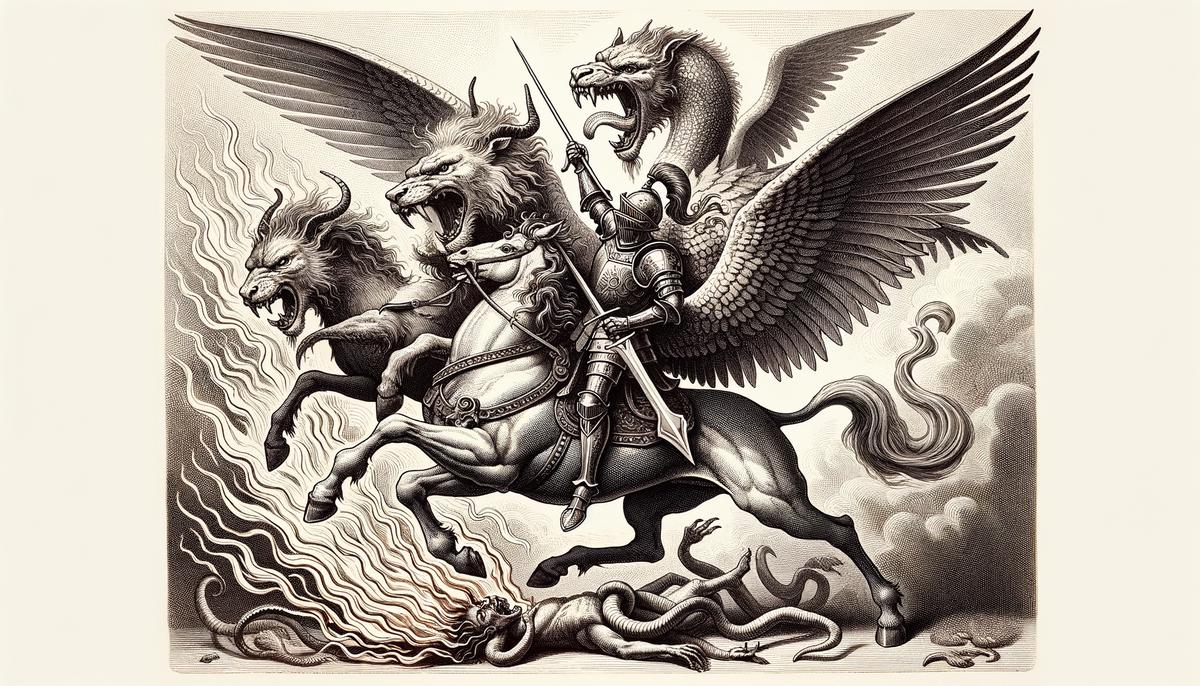 An illustration of Bellerophon riding on Pegasus, fighting the monstrous Chimera. Bellerophon thrusts a lead-tipped spear into the Chimera's throat, while Pegasus dodges the creature's fiery breath.