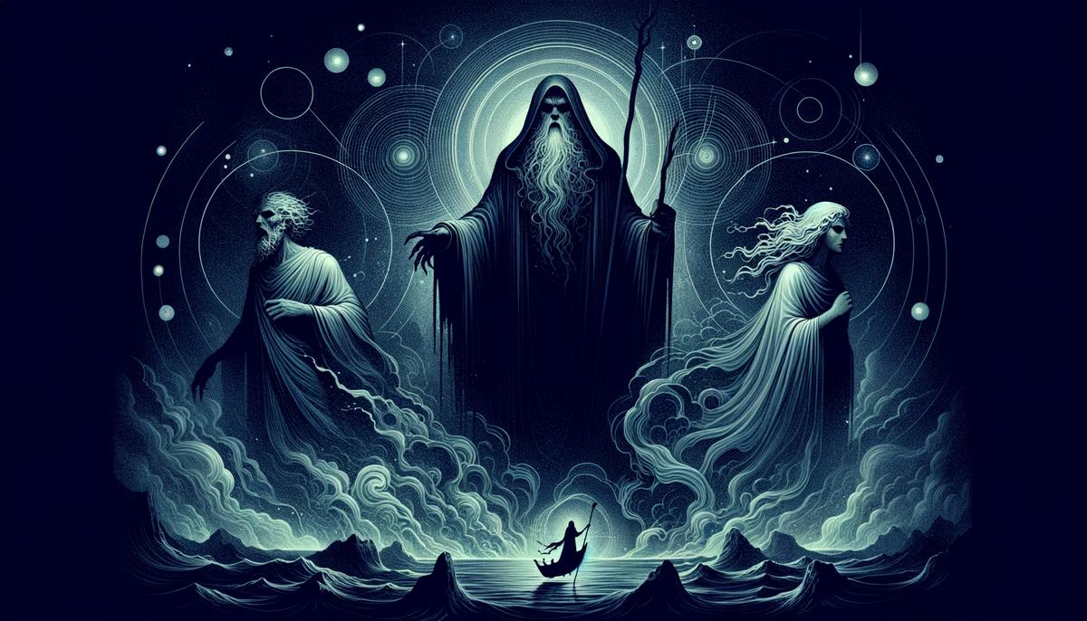 An illustration of Charon, the ferryman of the underworld, standing with his parents Erebus and Nyx, the primordial deities of darkness and night, in a shadowy, otherworldly setting.