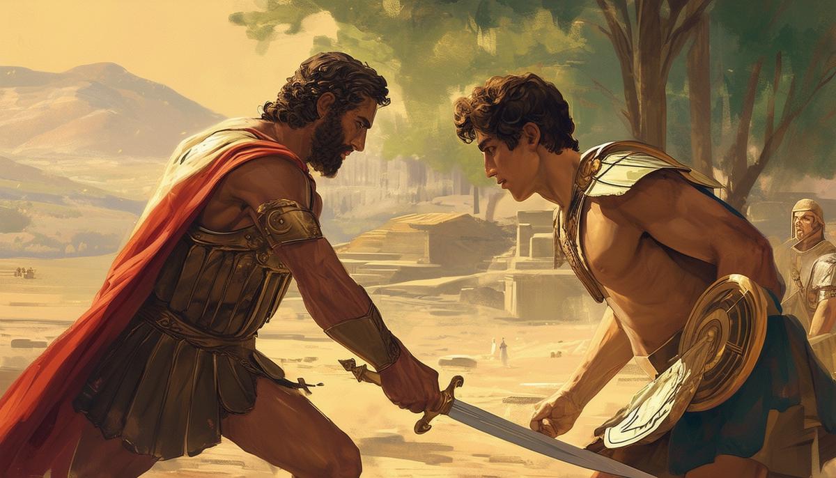An illustration of Chiron mentoring a young Achilles, imparting lessons on warfare, wisdom, and moral discipline. Chiron is shown guiding Achilles in sword practice while engaging him in thoughtful discussion, highlighting the depth of their mentor-student relationship.