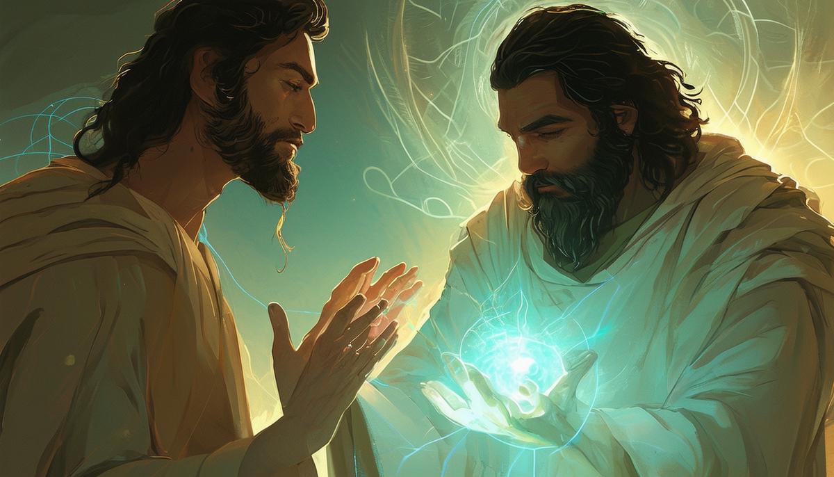 An illustration of Chiron using his psychic and healing abilities to treat a patient. Chiron is shown with his hands gently placed on the patient, a soft glow emanating from his touch, as he uses his clairvoyance to understand the deeper emotional and spiritual roots of the patient's ailment.
