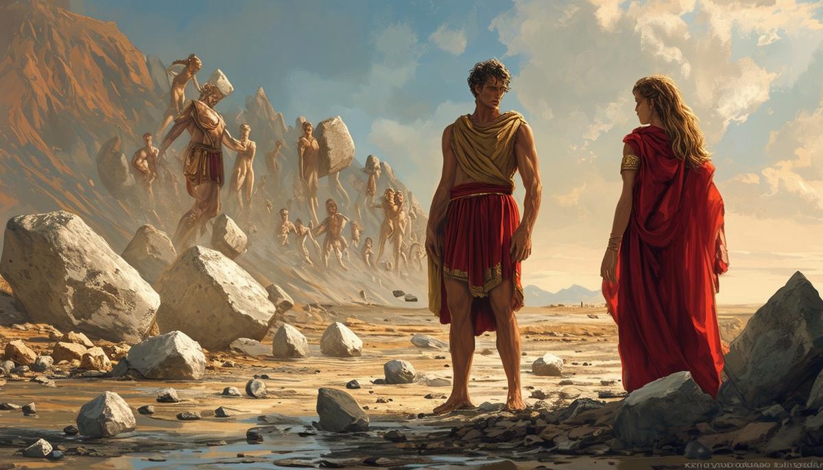 An illustration of Deucalion and Pyrrha, an ancient Greek man and woman, standing on a desolate, post-flood landscape, throwing stones behind them which are transforming into new human beings.