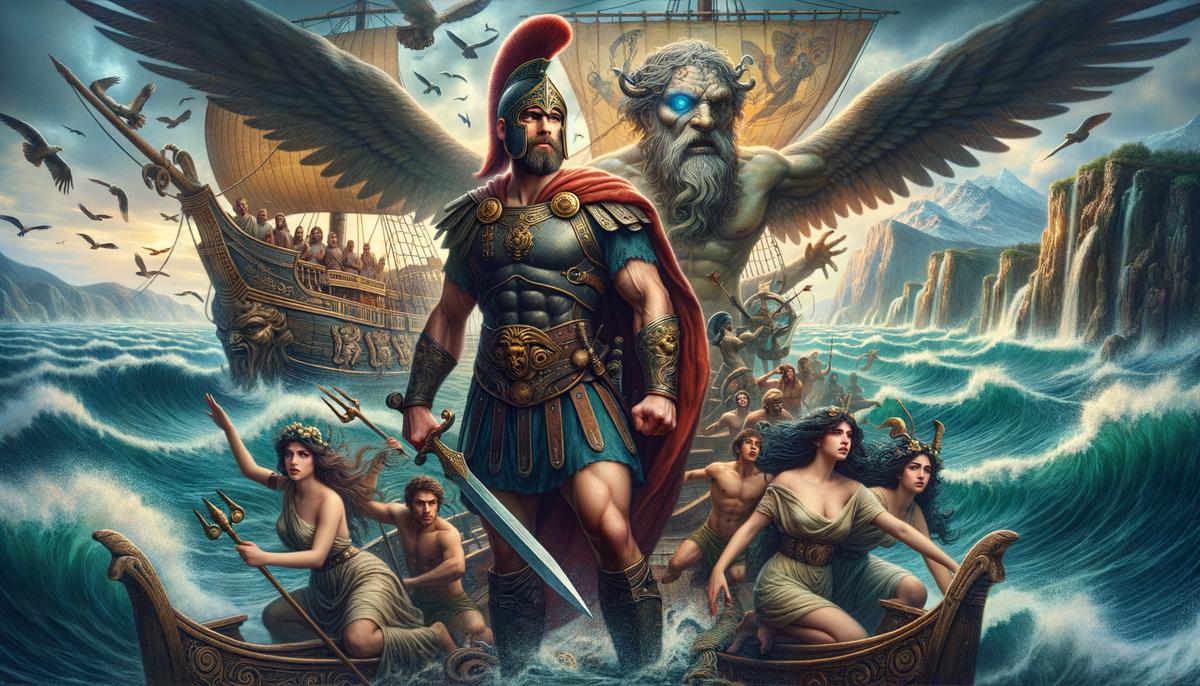An illustration of Odysseus facing various mythical challenges on his journey home