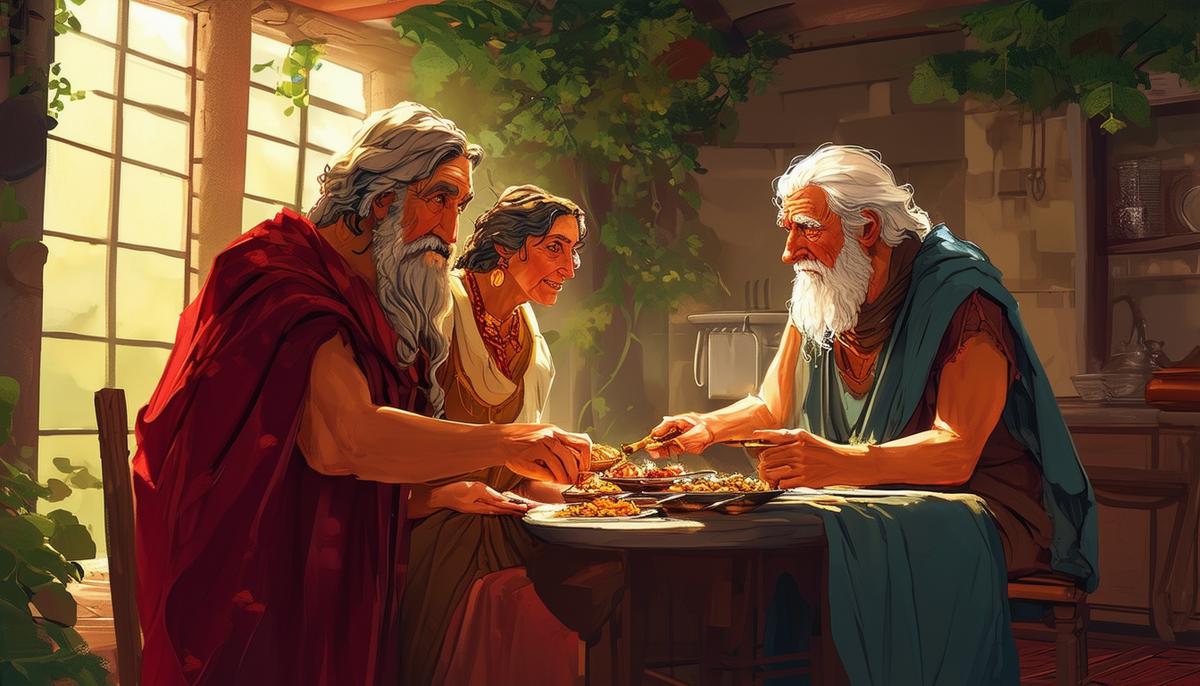 An illustration of Philemon and Baucis, a humble elderly couple, serving a meal to Zeus and Hermes disguised as weary travelers in their modest home.