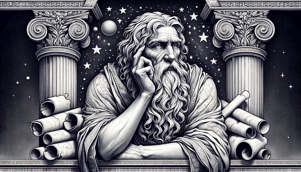 An illustration of Phineus, a man with a long beard and ancient Greek clothing, standing in a thoughtful pose with a distant look in his eyes, surrounded by symbols of prophecy such as scrolls and stars.
