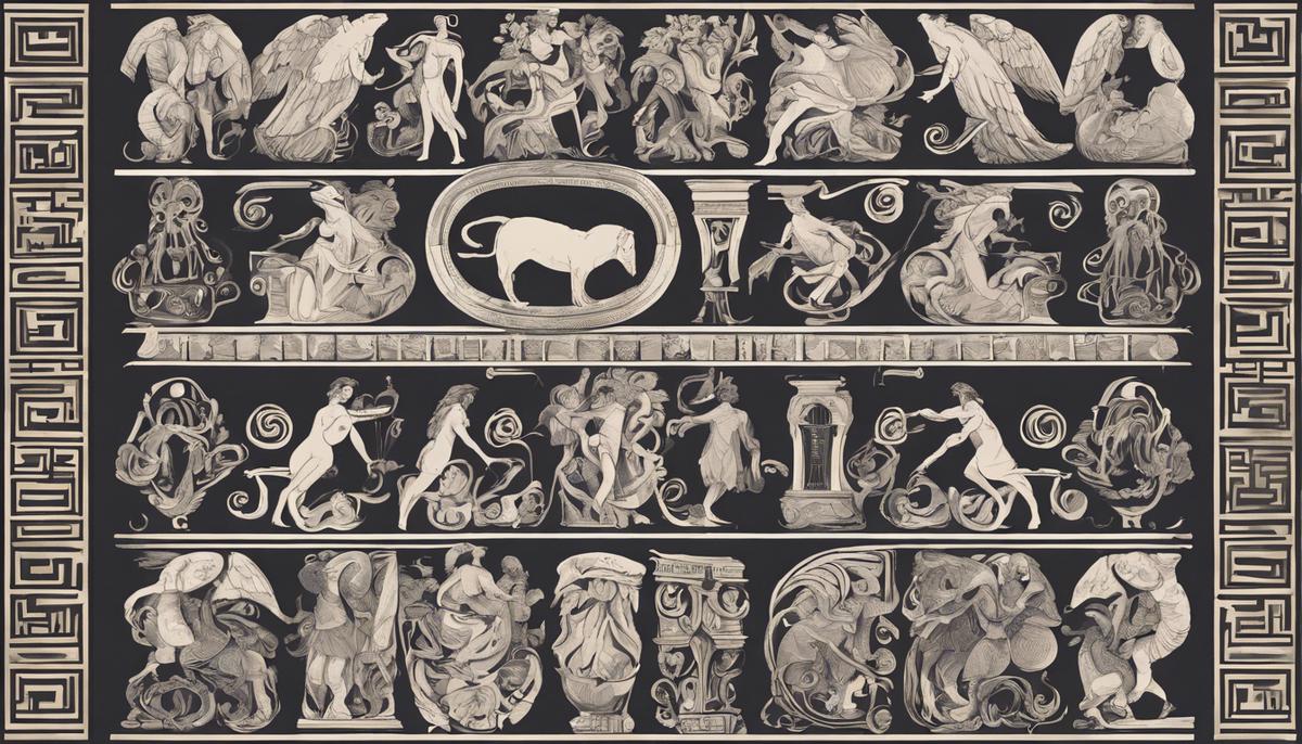 An illustration of repeating patterns and phrases from Greek mythology, symbolizing the literary device of anaphora
