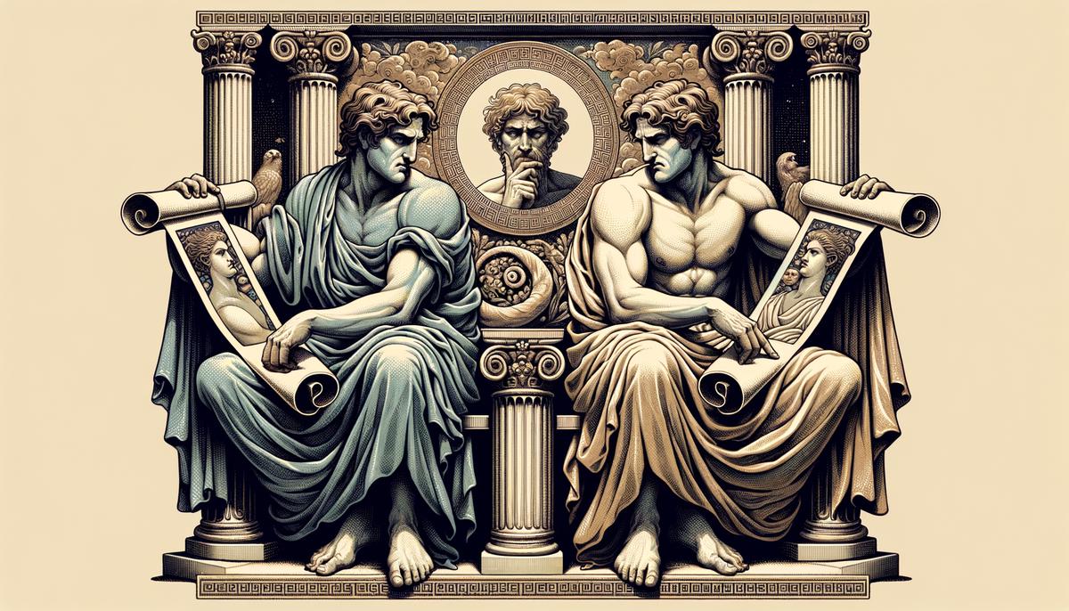 An illustration of the ancient storytellers Ovid and Pausanias, each holding a scroll with their unique variations of the Echo and Narcissus myth. The image highlights the creative liberties of myth-makers and the varying moral lessons they convey.
