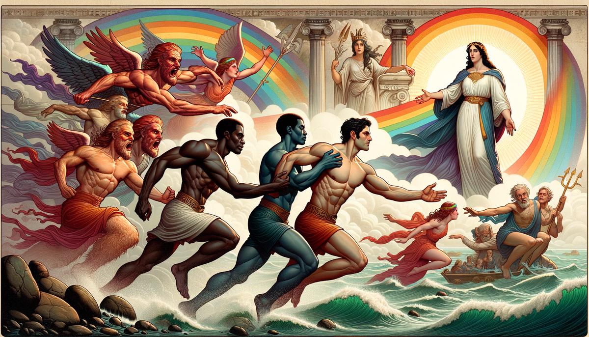 An illustration of the Argonauts, including Calais and Zetes, chasing away the Harpies while Phineus looks on with relief and gratitude. Iris, the rainbow goddess, should be seen in the background.