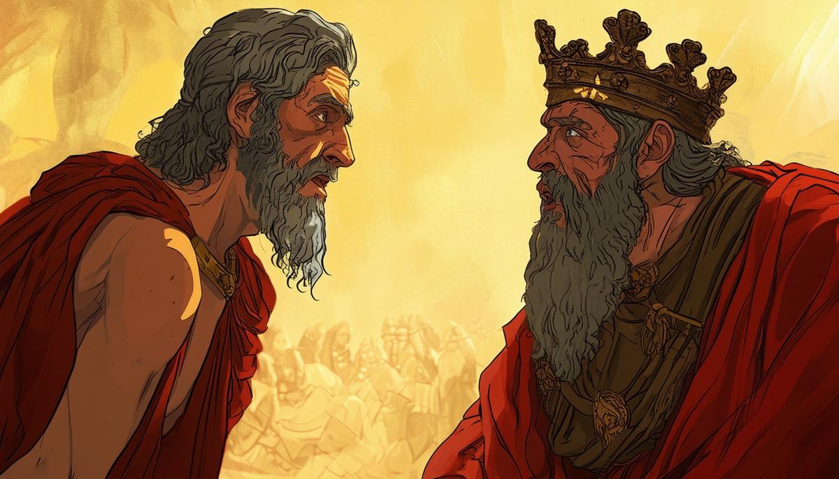An illustration of the blind seer Tiresias warning a stubborn King Creon who is ignoring the prophecy