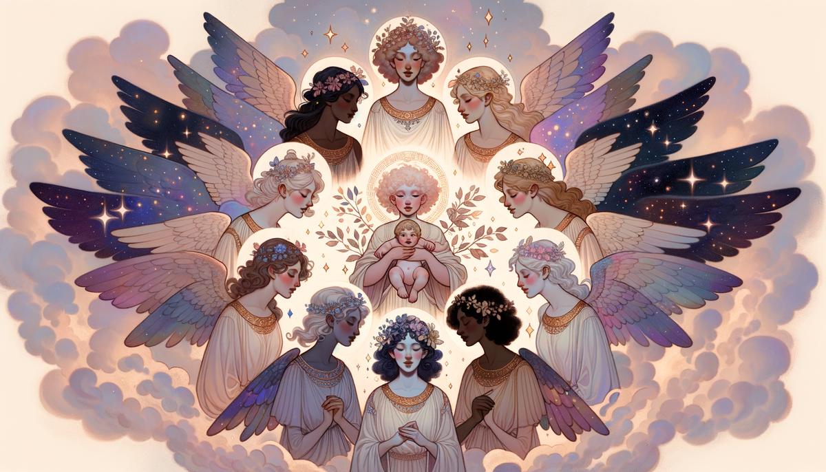 An illustration of the Hyades star cluster personified as celestial nymphs, tenderly nursing and protecting the infant god Dionysus
