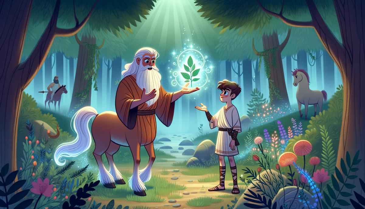 An illustration of the young Asclepius learning the art of healing from the wise centaur Chiron in a mystical forest setting.