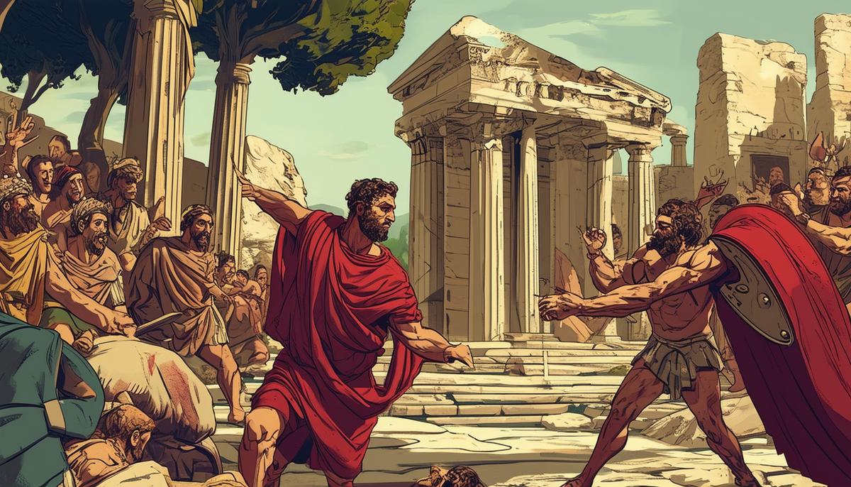 An illustration of Theseus heroically battling various villains and monsters, like Procrustes and his ill-fitting bed, on his journey from Troezen to Athens to meet his father.