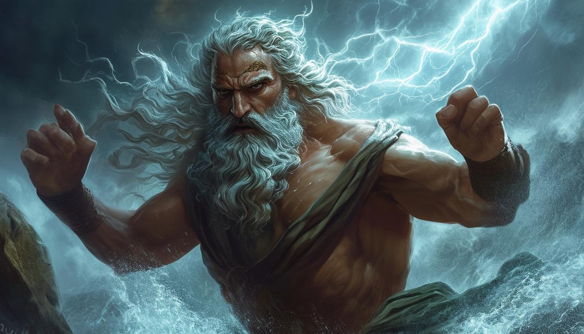 An illustration of Zeus, the Greek god of the sky, looking angry and vengeful as he punishes humanity for their wickedness by unleashing a devastating flood upon the earth.
