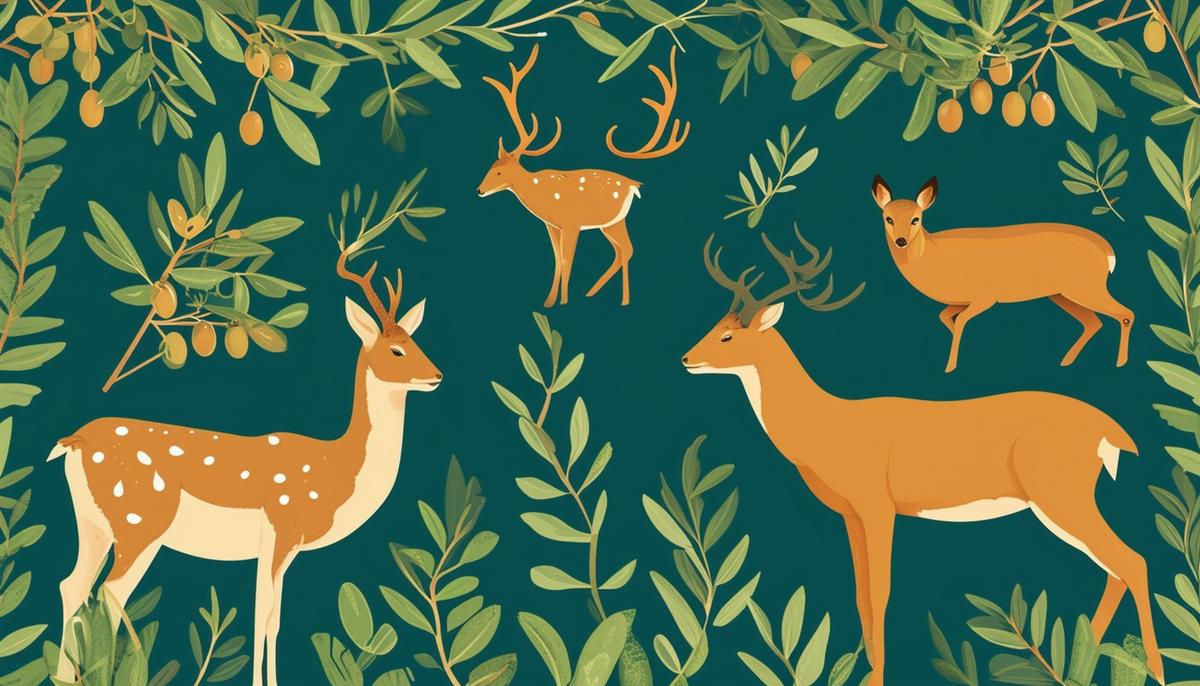 An illustration showcasing the symbols associated with Hesychia, including olives, gentle animals like deer, and flowing water