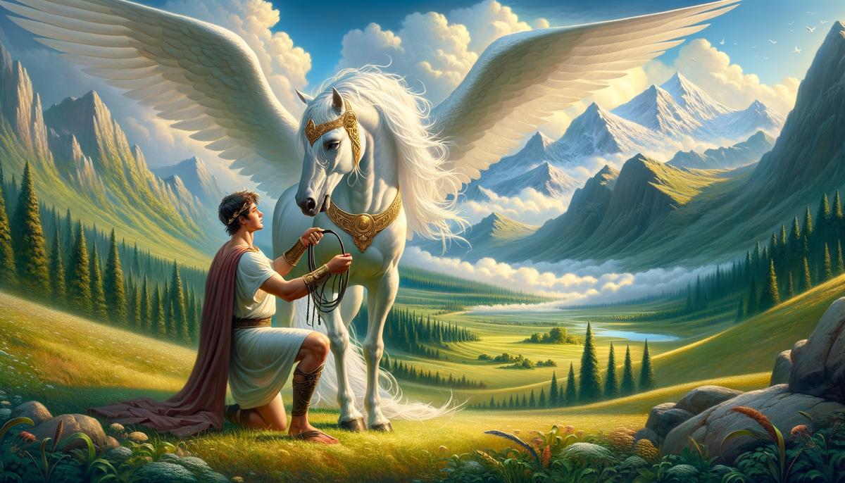 An illustration showing Bellerophon using Athena's golden bridle to tame Pegasus. Pegasus, a white winged horse, bows his head to Bellerophon, accepting him as his rider.