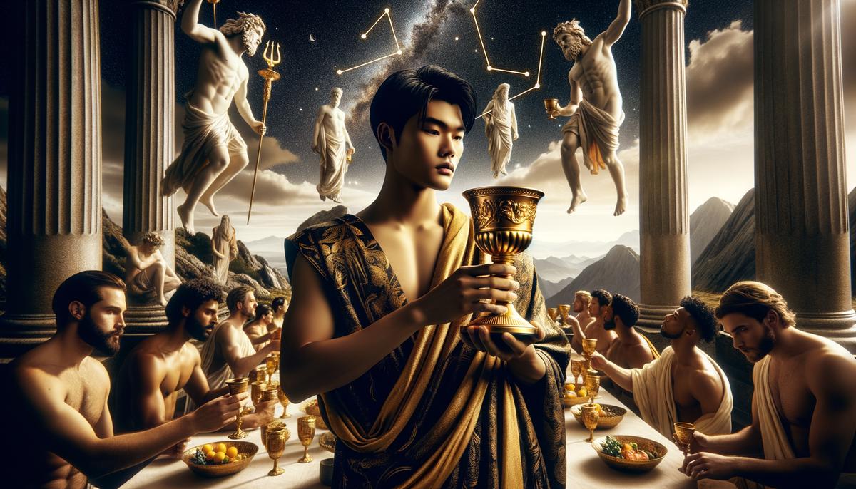An illustration showing Ganymede, now immortal, serving as the cupbearer of the gods on Mount Olympus, with the constellation Aquarius shining brightly in the night sky above.
