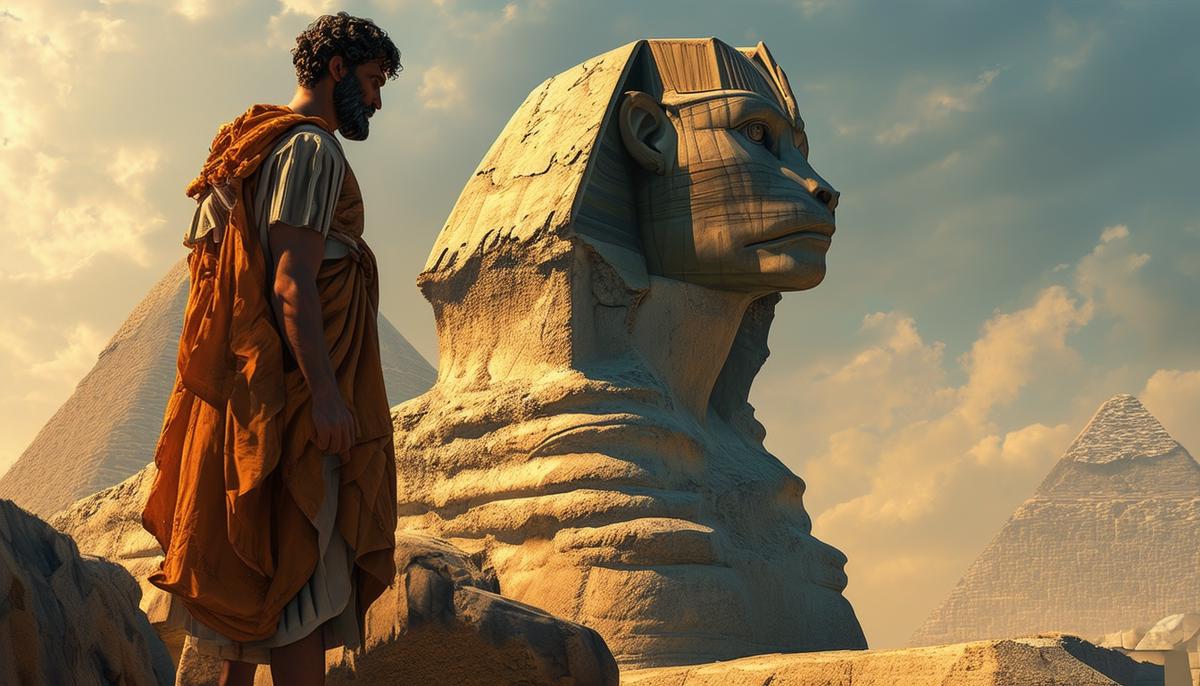 An image depicting Oedipus, a man in ancient Greek clothing, standing before the imposing figure of the Sphinx, a mythical creature with the head of a woman, body of a lion, and wings of an eagle. The Sphinx is perched on a rock, looking down at Oedipus with an enigmatic expression.