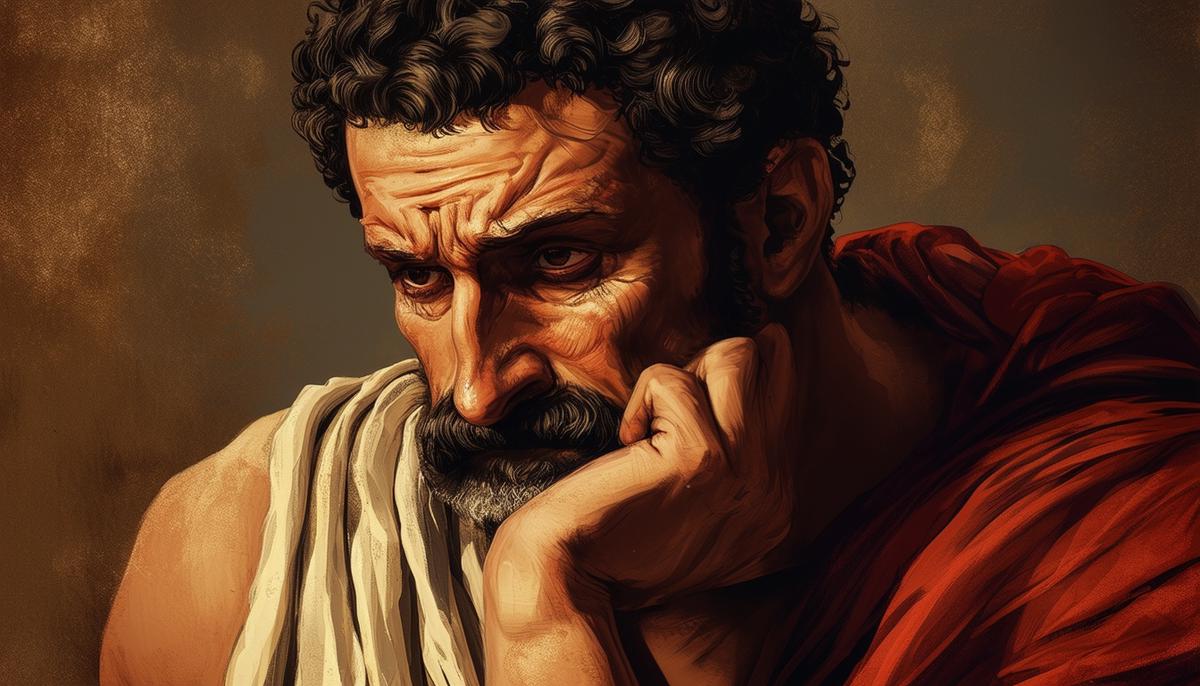 An image depicting Oedipus, a man in ancient Greek clothing, with a troubled and pensive expression on his face. He is shown with his hand on his chin, deep in thought, as if grappling with the weight of his own pride and the consequences of his actions.