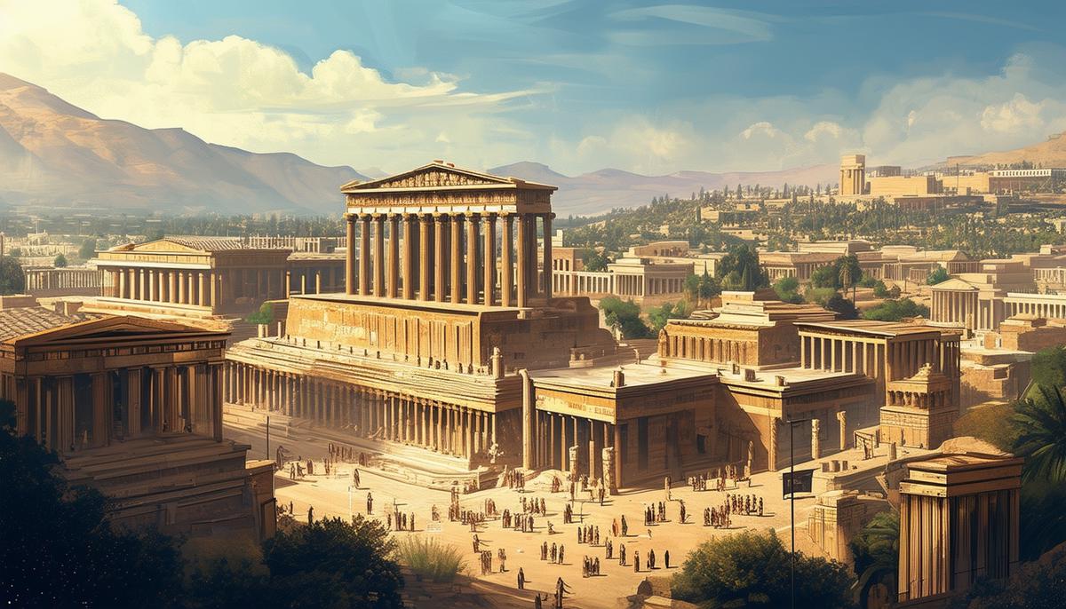 An image depicting the city of Thebes in ancient Greece, with its grand buildings, temples, and bustling streets. The city is shown in a state of prosperity and stability, symbolizing the impact of Oedipus's leadership after solving the Sphinx's riddle.