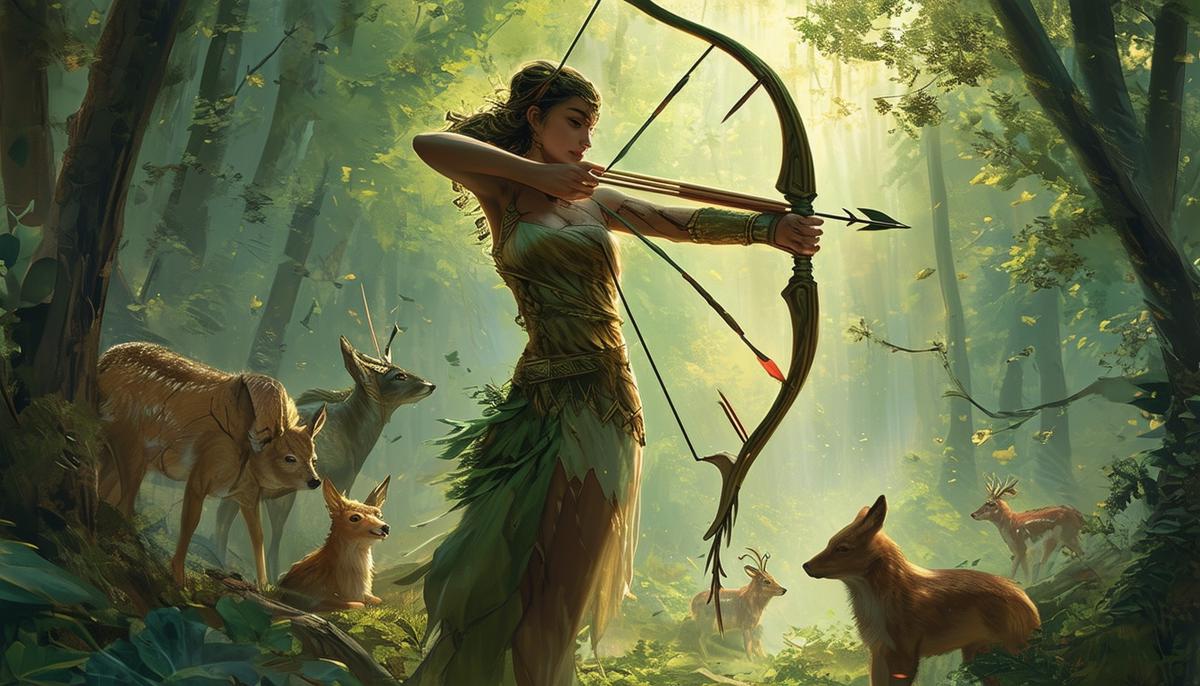 An image of Artemis, the goddess of the hunt, depicted in a forest setting with her bow and arrow, accompanied by wild animals.