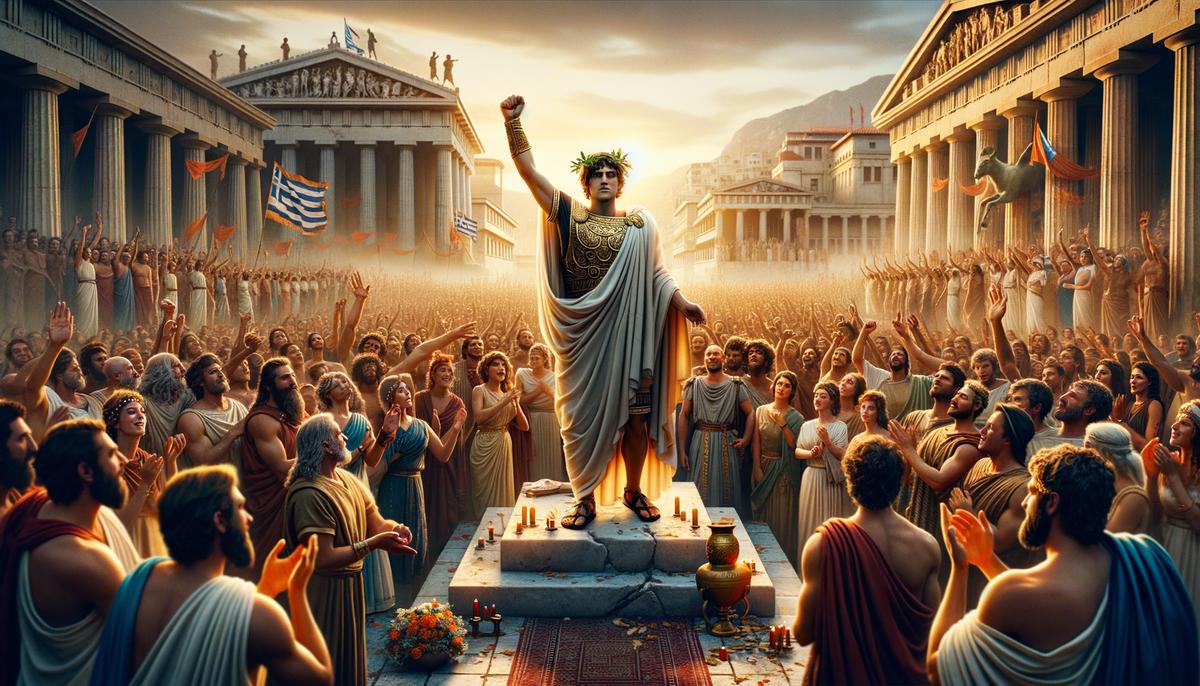 An image showing Oedipus, a man in ancient Greek clothing, being greeted by the people of Thebes with great fanfare and celebration after defeating the Sphinx. Oedipus is shown standing tall and proud, while the Thebans surround him, cheering and offering gifts.