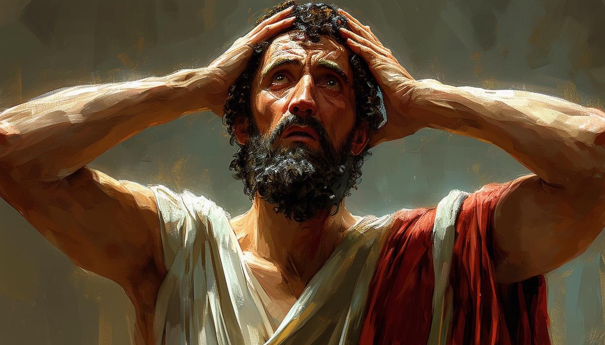 An image showing Oedipus, a man in ancient Greek clothing, with a look of realization and horror on his face as he discovers the truth about his own identity and actions. He is shown with his hands on his head, as if overwhelmed by the weight of this revelation.
