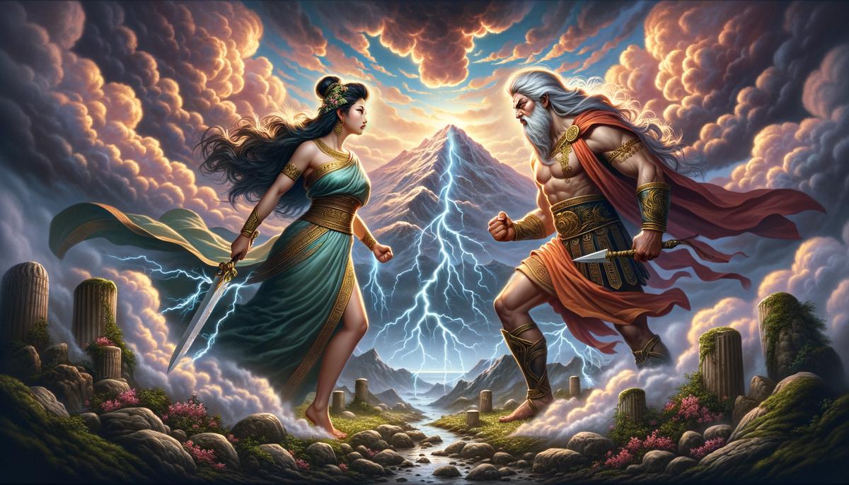 An intense confrontation between Hera and Zeus on Mount Olympus, with storm clouds gathering