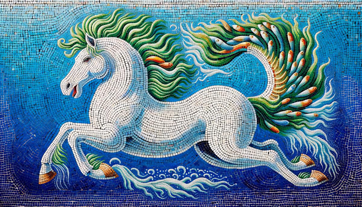 An intricate ancient Grecian mosaic depicting a regal hippocampus with a horse head, algae mane, and fish tail