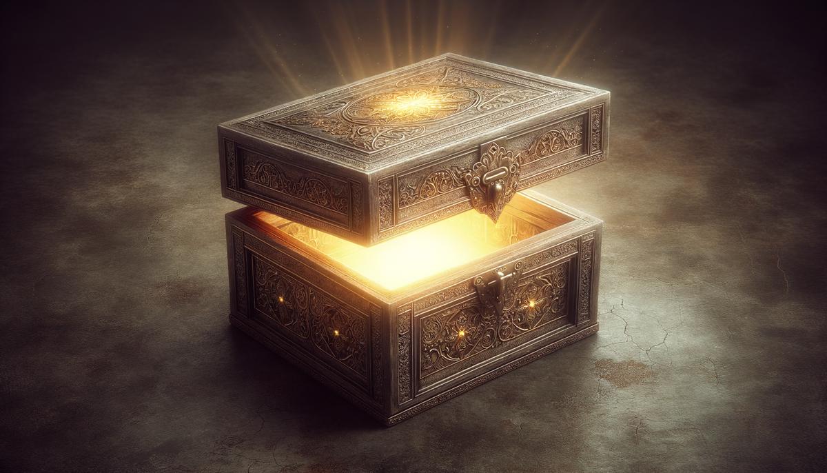 An intricately carved wooden box, slightly open, with a soft light emanating from within, representing the presence of Elpis and the duality of hope