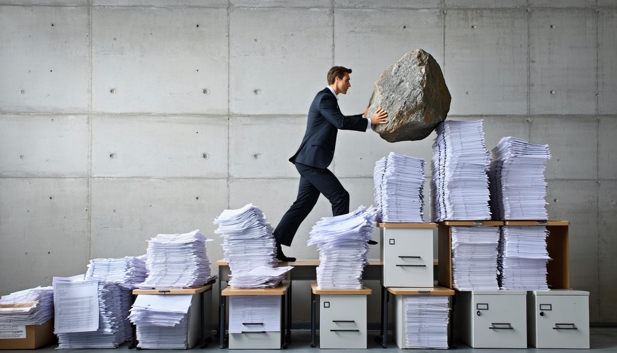 An office worker pushing a boulder of paperwork up a hill of desks