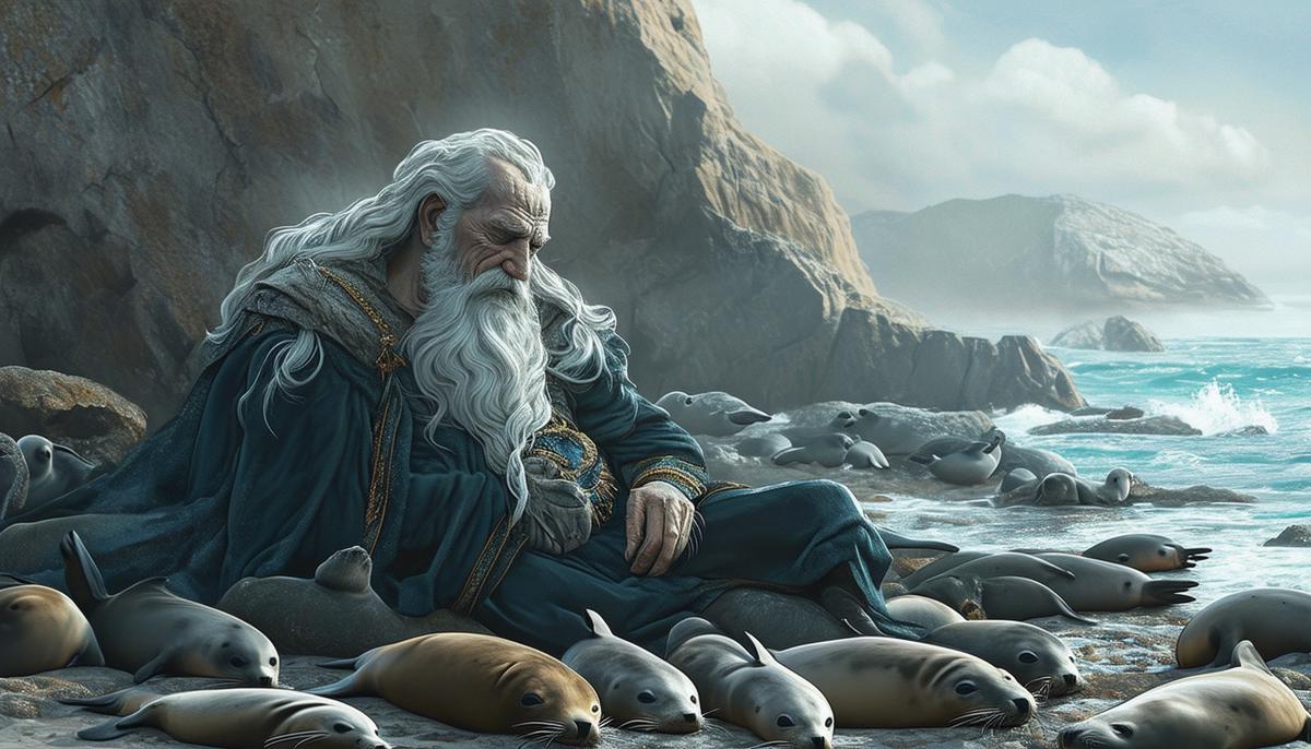 An old sea god Proteus napping among a group of seals on a rocky shore