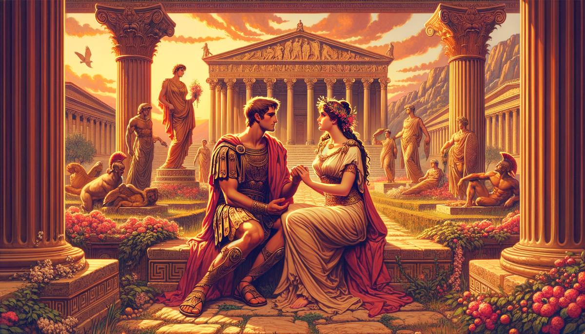 An opulent illustration depicting the fateful meeting of Paris and Helen in Troy. Paris is shown as a handsome, confident prince, his rich Trojan robes and surroundings suggesting his noble status. Helen is radiant and beautiful, her appearance a testament to her legendary allure. The two figures are posed in a way that suggests their instant attraction and the momentous nature of their encounter. The background features the grand architecture and lush gardens of ancient Troy, hinting at the splendor and sophistication of the legendary city.