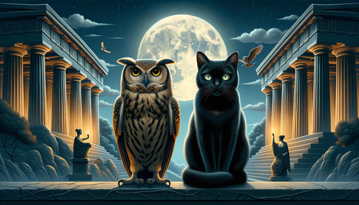 An owl and a black cat representing wisdom and mystery in Greek mythology