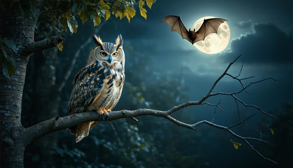An owl perched on a branch with a bat flying nearby, symbolizing wisdom and mystery in Greek mythology