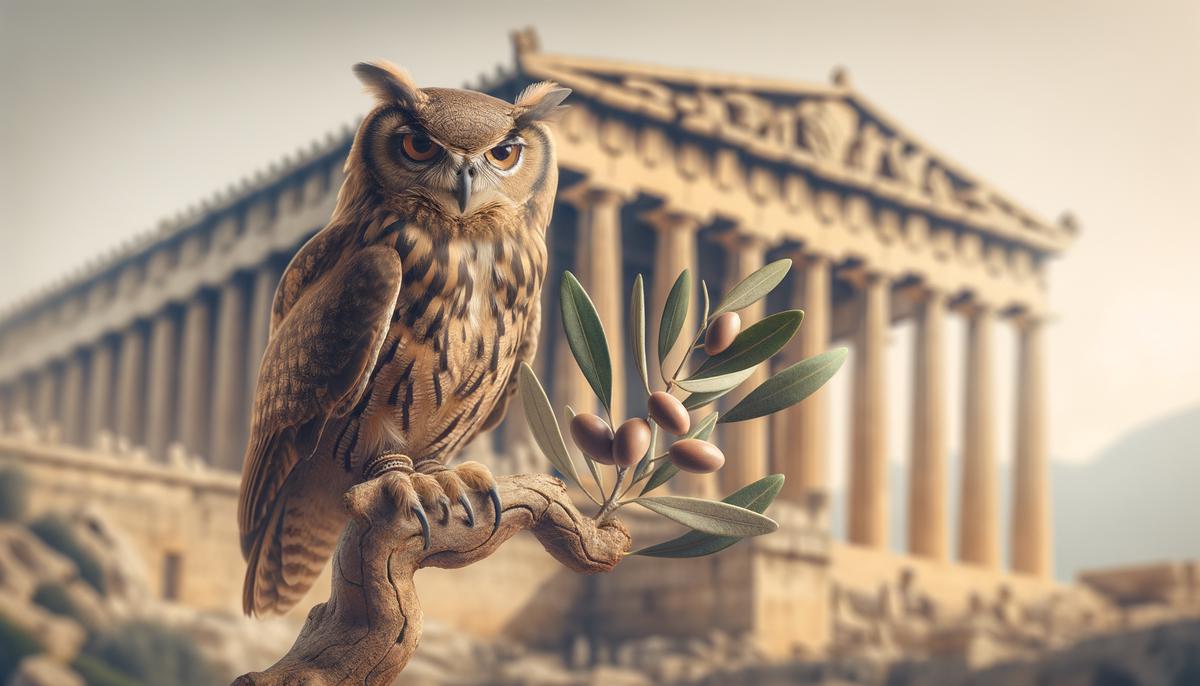 An owl perched on an olive branch, symbols of Athena